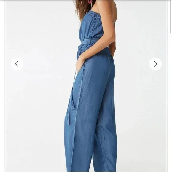 Forever 21 Strapless Chambray Wide Leg Strapless Jumpsuit Size S - Picture 2 of 7